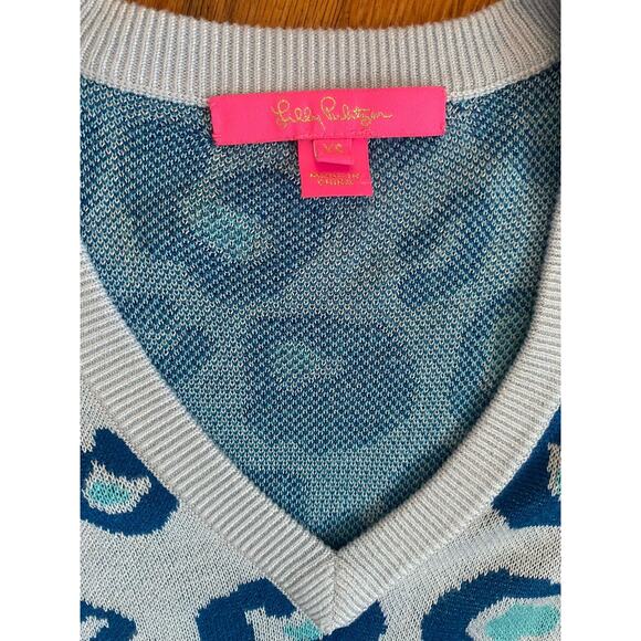 Lilly Pulitzer Jasmina Sweater Womens XS Blue Don’t Be A Cheetah Animal Print - Picture 2 of 5